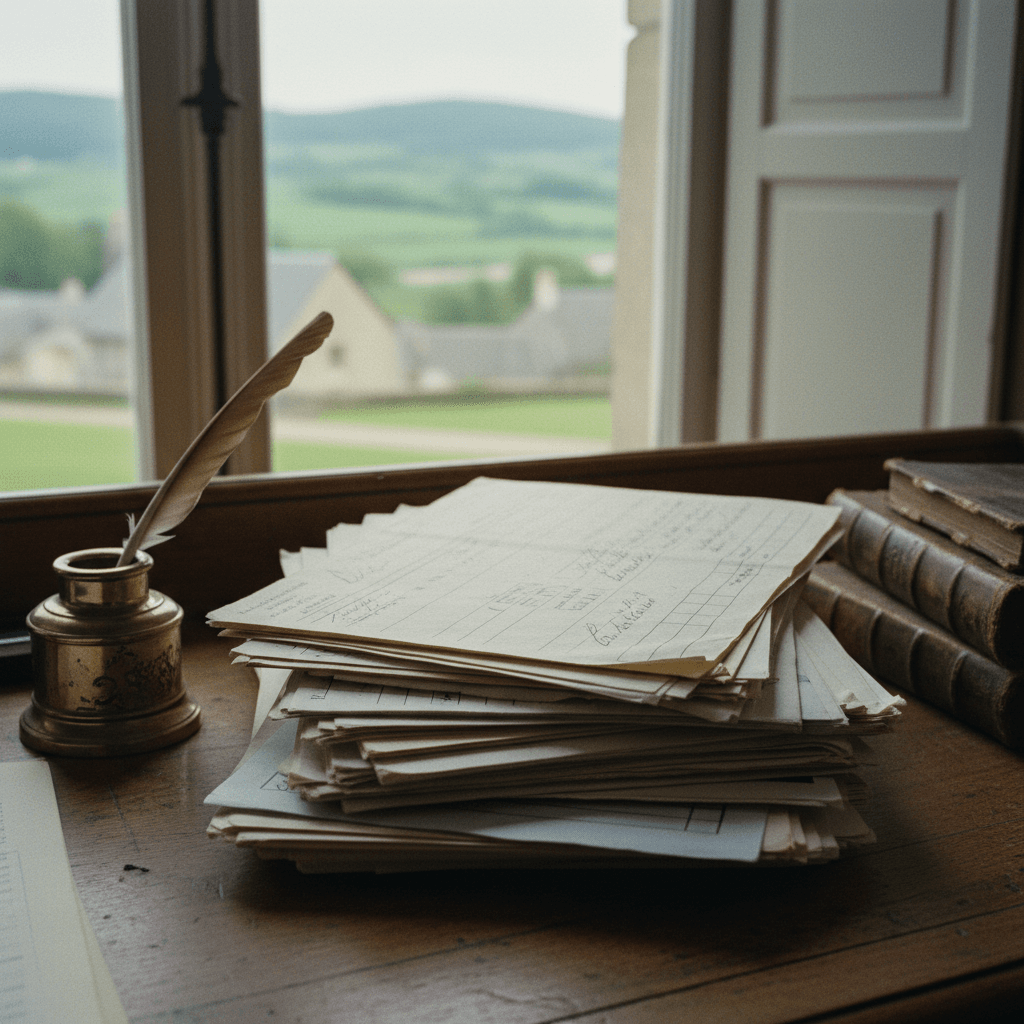Pile de courriers manuscrits posés sur une table près d'une fenêtre