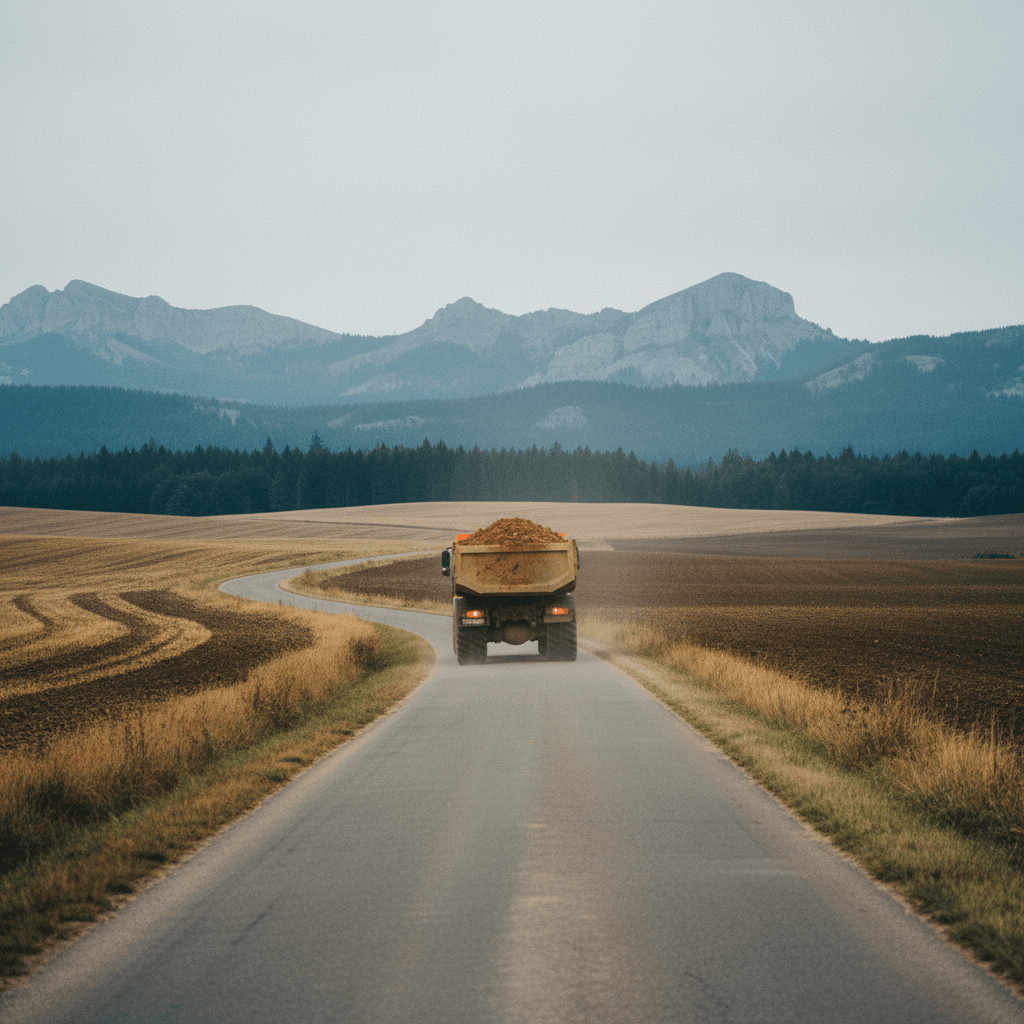 Un camion chargé de terres sur une longue route de campagne, seul, en direction des montagnes