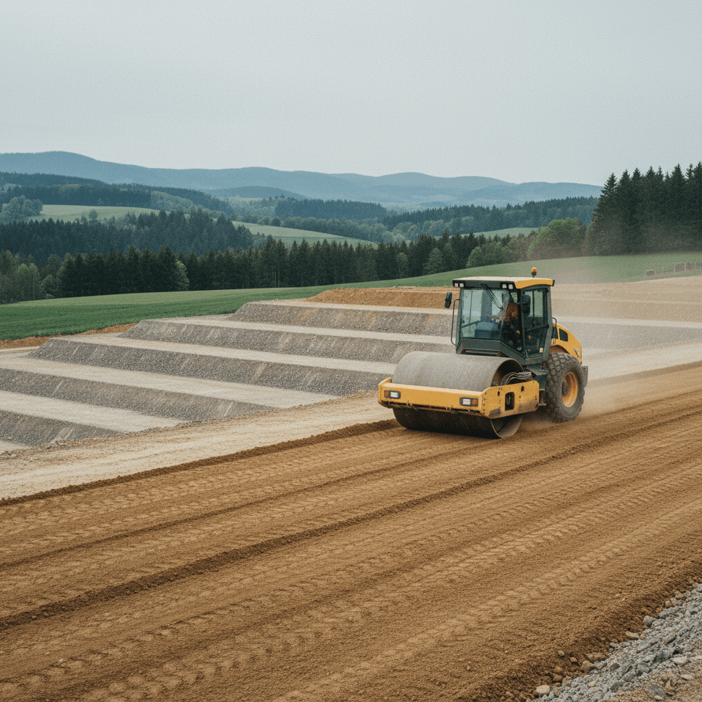 Engin de compactage travaillant une plateforme de terres
