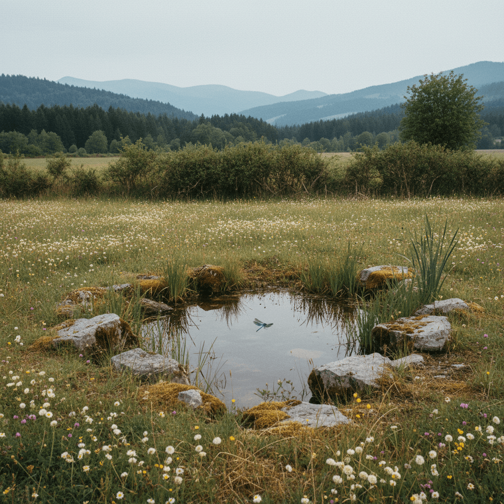 Une mare naturelle bordée de pierres dans une prairie fleurie, une libellule au-dessus de l'eau