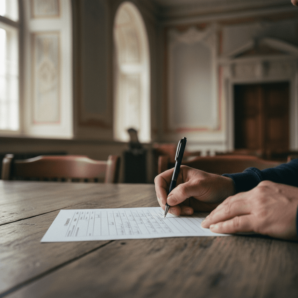 Une main rédige une observation sur un formulaire posé sur une table, dans une salle communale
