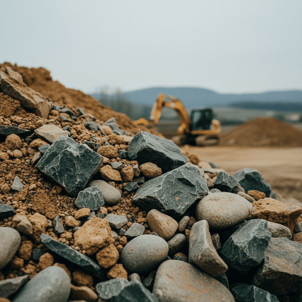 Gros plan sur un tas de terres, pierres et graviers propres sur un chantier