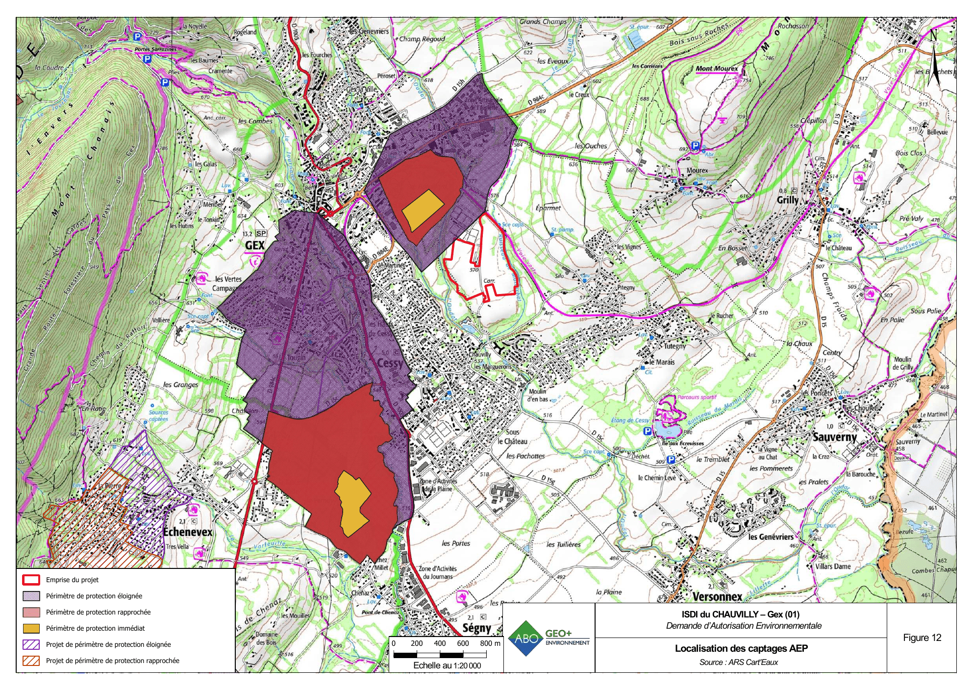 Carte officielle des captages d'eau potable et de leurs périmètres de protection autour de Gex et Cessy, avec l'emprise du projet