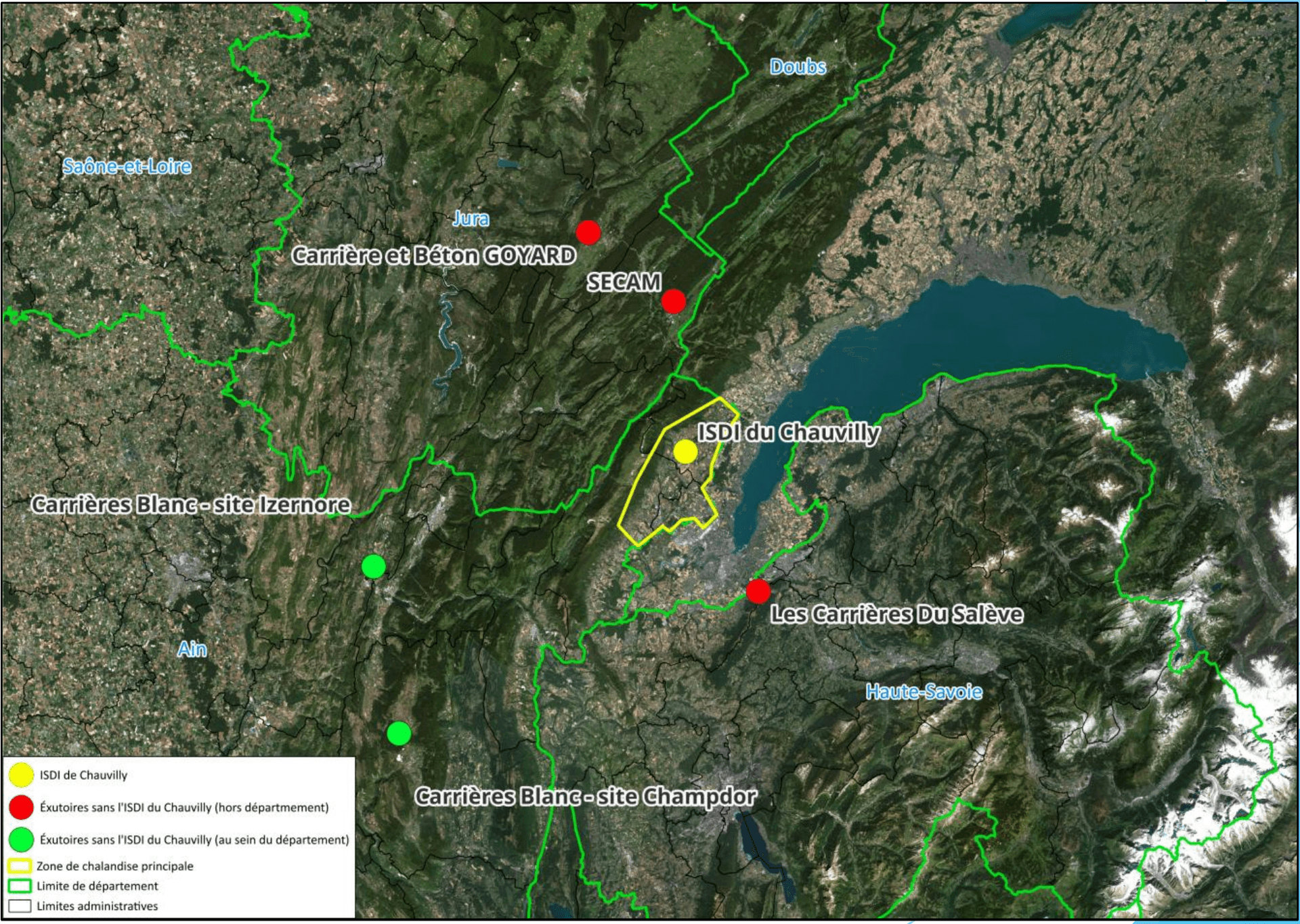 Carte régionale des exutoires : le Chauvilly au centre du Pays de Gex, les alternatives dispersées dans le Jura, l'Ain et la Haute-Savoie