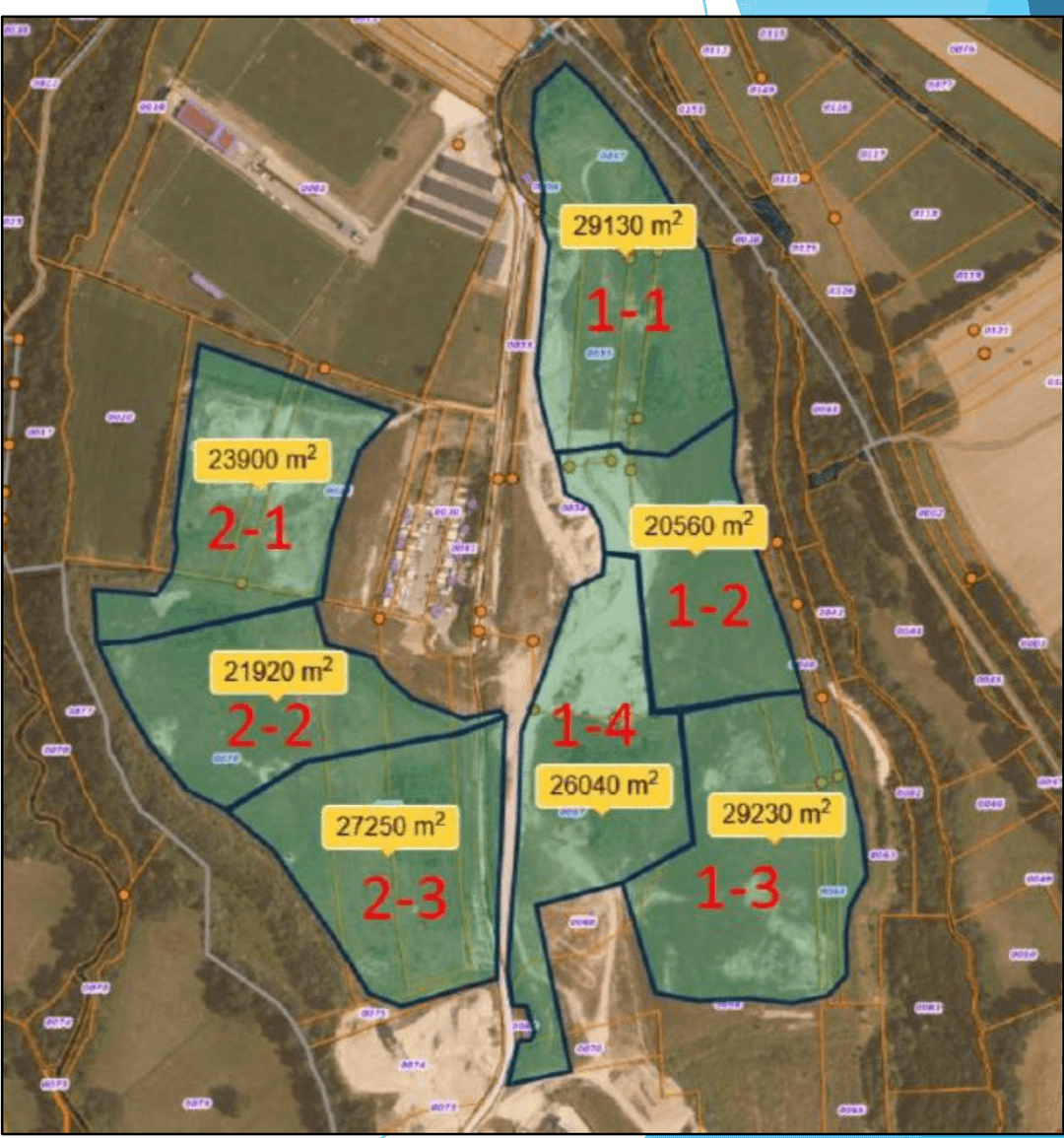 Carte du phasage d'exploitation : les tranches successives numérotées de 1-1 à 2-3, du secteur Est vers le secteur Ouest