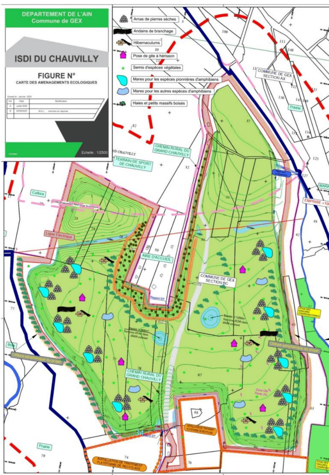 Carte officielle des aménagements écologiques : mares, haies, hibernaculums, gîtes et massifs boisés répartis sur le site remis en état