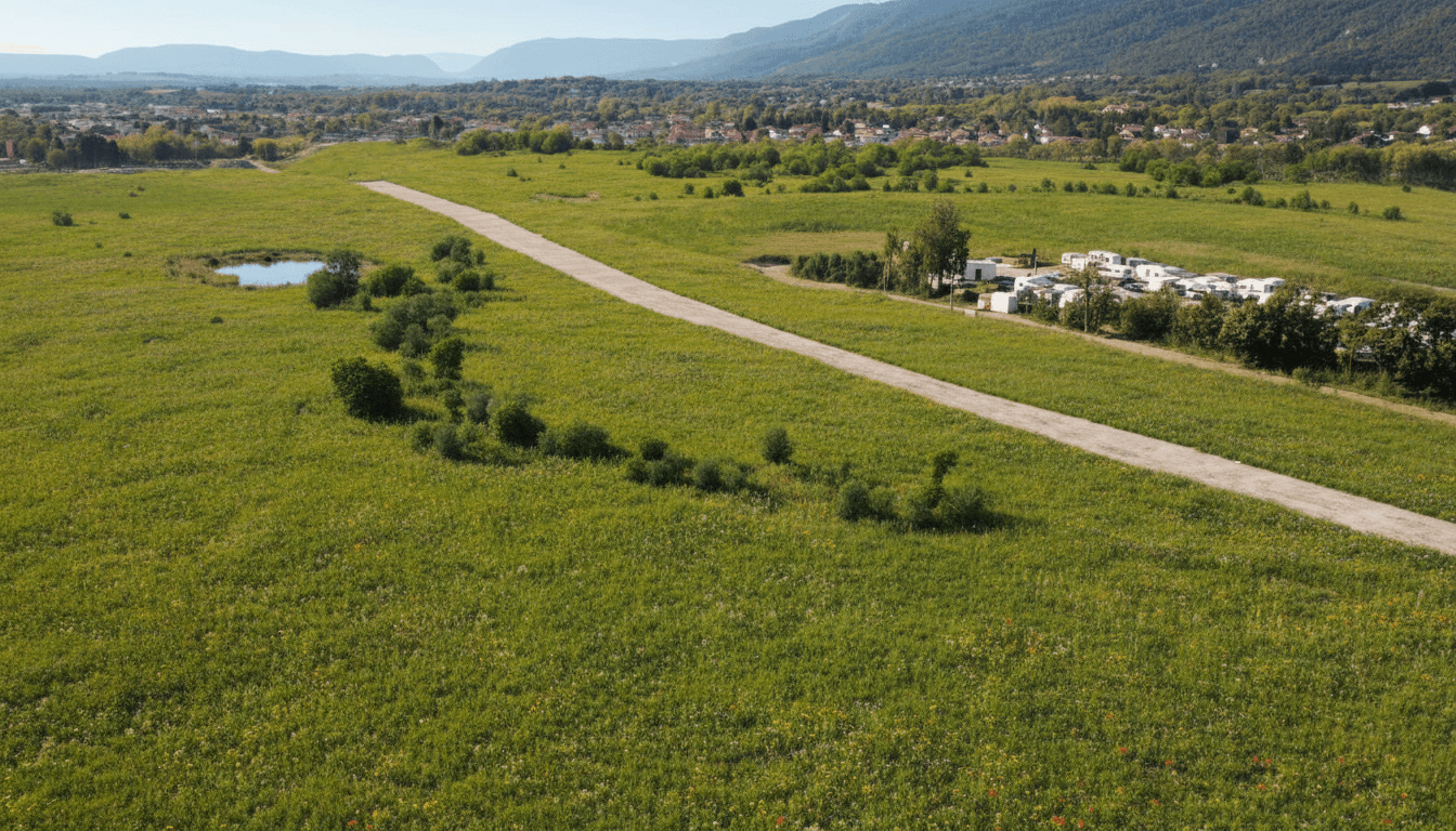 Le site après remise en état, sous le soleil : une plaine verte et fleurie, un chemin, une mare, la ville de Gex et la chaîne du Jura à l'horizon