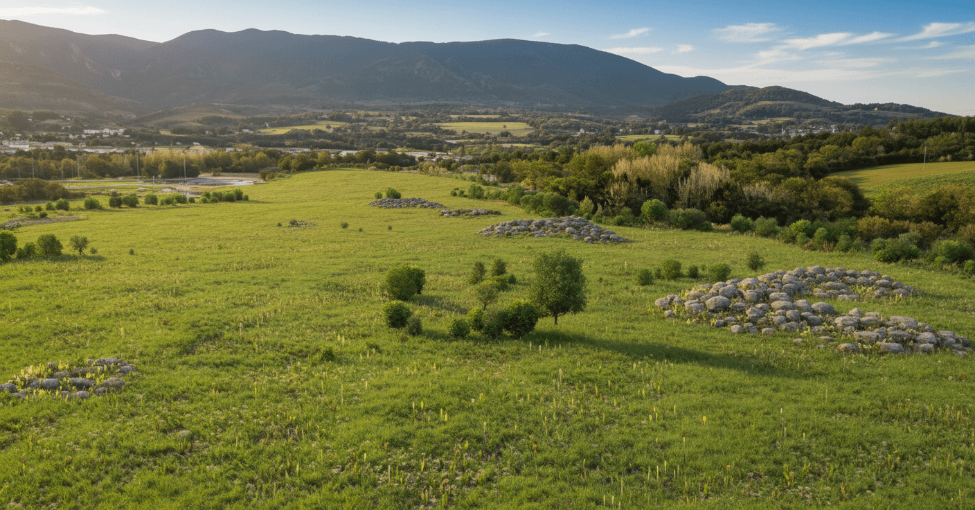 Vue d'artiste au même angle : prairie verte et fleurie, bosquets et pierriers, Jura en arrière-plan
