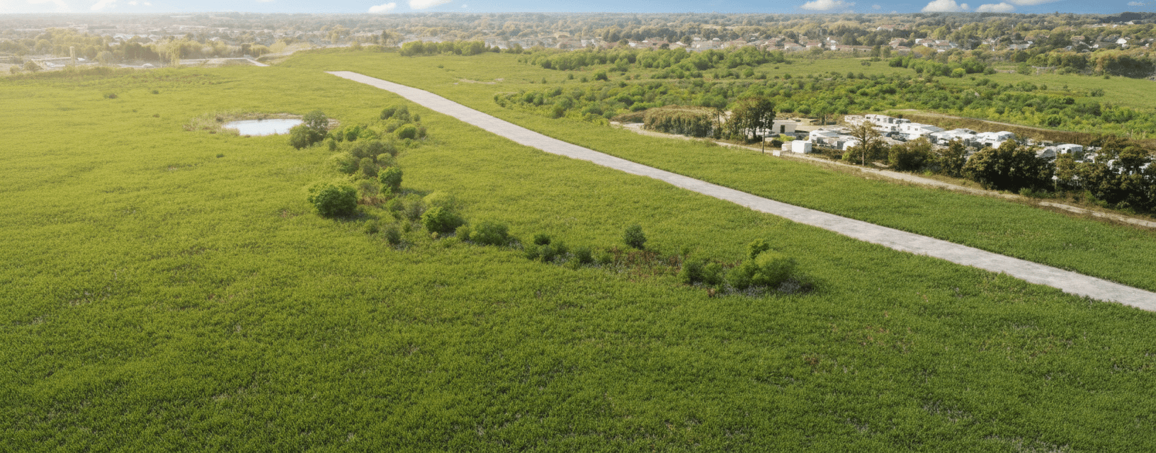 Vue d'artiste ensoleillée au même angle : prairie verte avec mare et chemin, le quartier voisin en arrière-plan